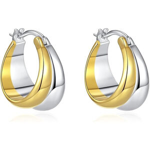 PICKBEAU Two Tone Hoop Earrings for Women Trendy Sterling Silver C Shaped Hoops